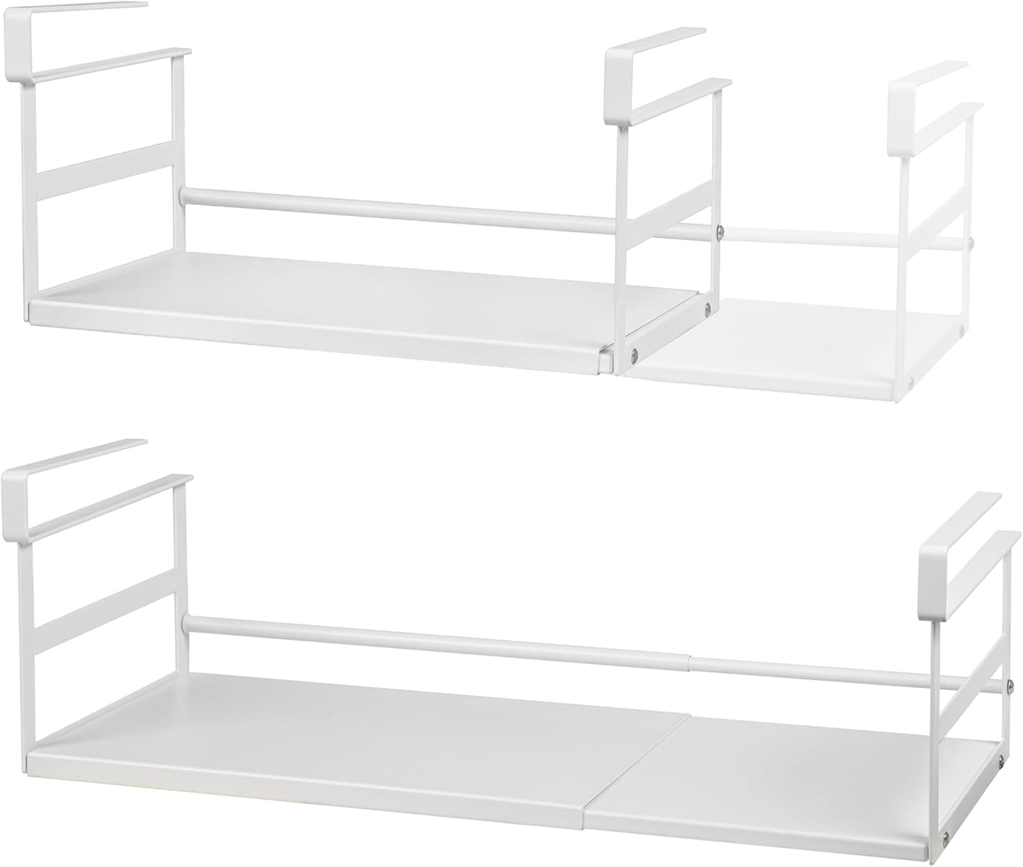 2Pack Under Shelf Storage Basket Organizer Expandable Width Add-On Space Saver Hanging Under Cabinet Pantry Kitchen Countertop Desktop Board Slide-In White Heavy-Duty Metal Higher & Wider Size