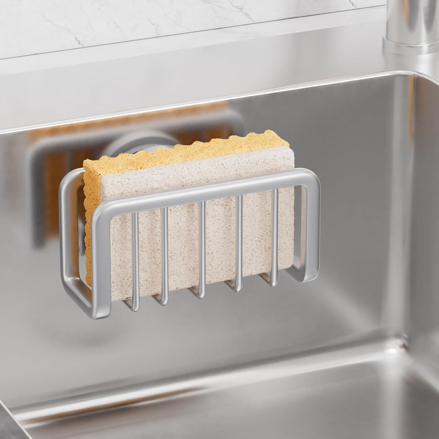 Sponge Holder for Kitchen Sink with Strong Suction Cup, Rustproof Aluminum Sink Caddy for Sponges