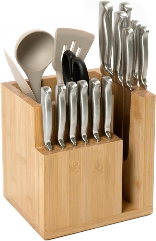 Bamboo Magnetic Knife Block and Cooking Utensil Holder, Sleek Storage for Chefs Knives