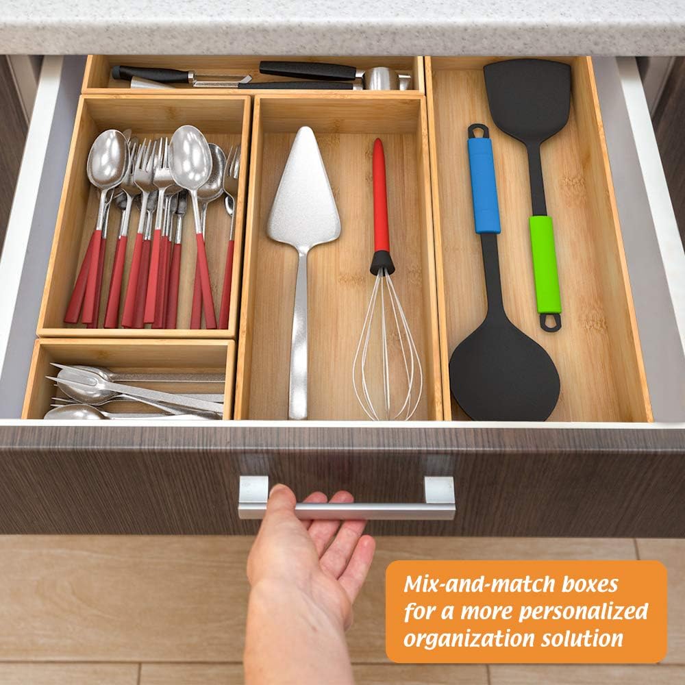 Bamboo Kitchen Drawer Organizer, Wooden Storage Box for Utensil Organizer Silverware Tray Cutlery Holder Flatware Containers - Multi-Use Deep Drawer Dividers Organizer for Bathroom, Jewelry, 12"3"2.5"