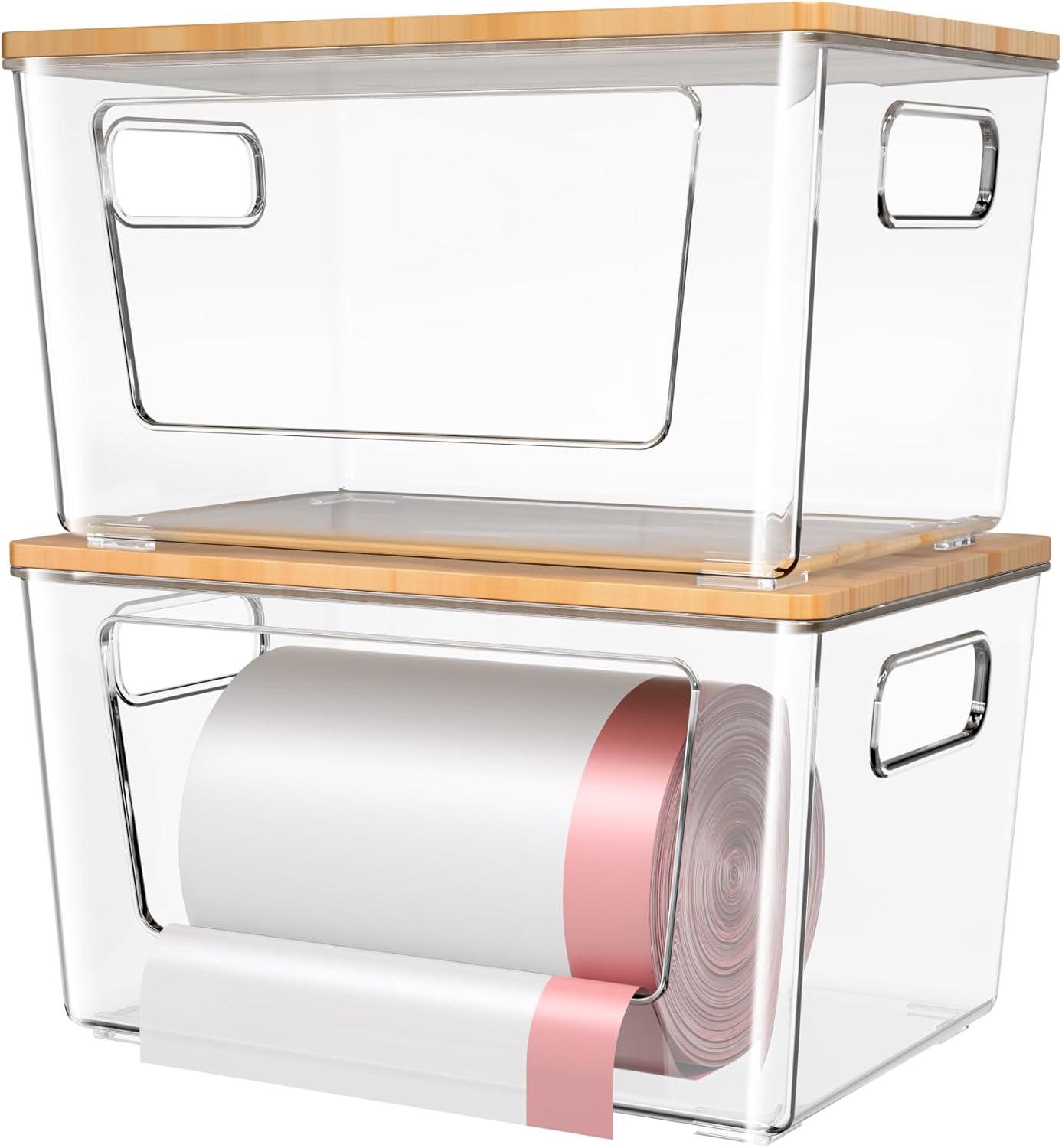 2 Pack Trash Bag Holder with Bamboo Lid, Stackable Trashbag Dispenser