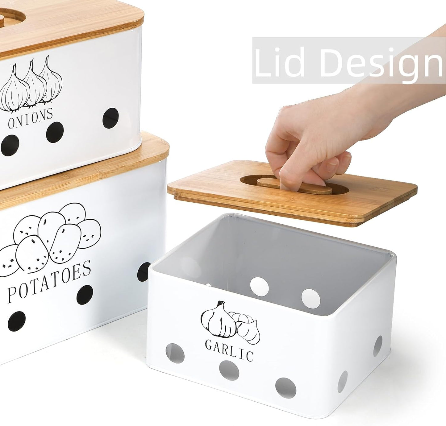 3 Pack Potato Onion Garlic Storage Set, Iron Vegetable Storage Bins with Holes Bamboo Lids