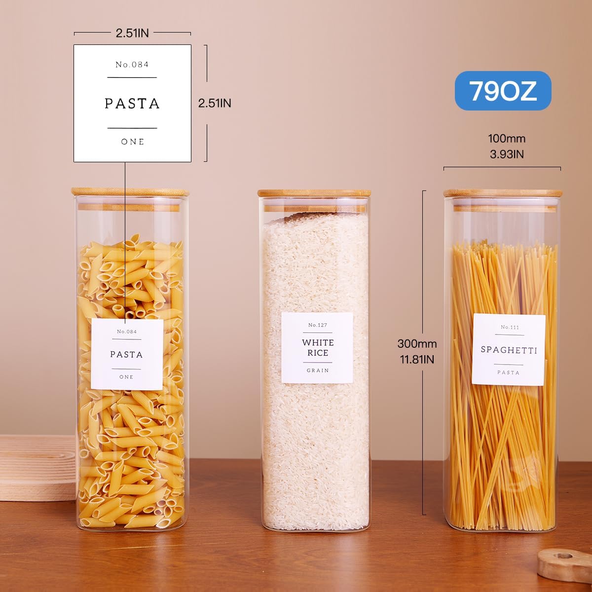 3 Pack Square Kitchen Storage Jars with Airtight Bamboo Lids and 132 Pantry Labels