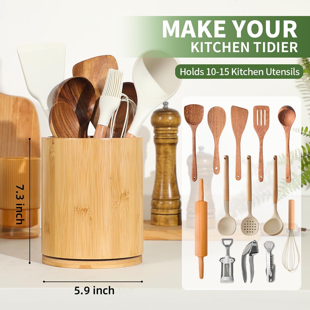 Wooden Utensil Holder, 360°Rotating 7.3'' Large Utensil Holder for Kitchen Counter