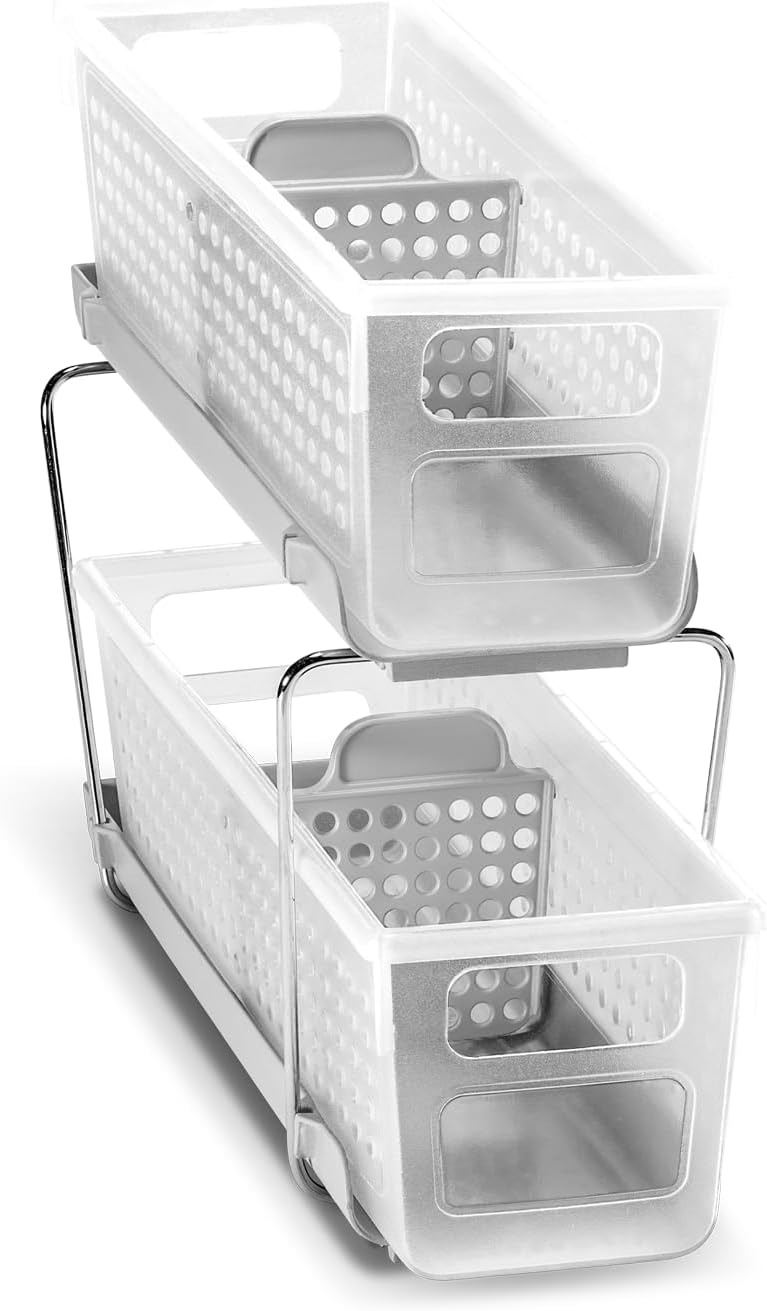Mini 2-Tier Organizer, Multi-Purpose Slide-Out Storage with Handles and Dividers for Home and Bath