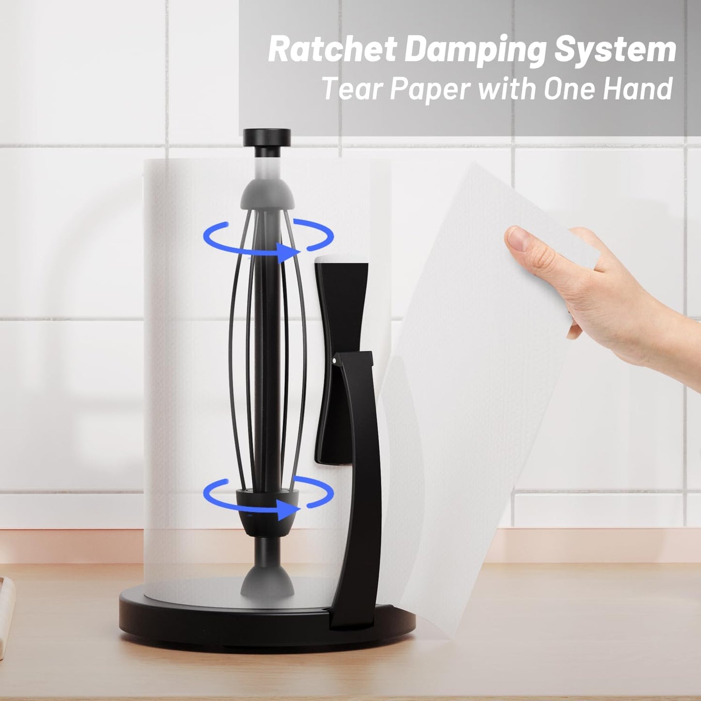 Paper Towel Holder Countertop, Black Paper Towel Holder with Spring Activated Arm and Damping Effect, Simply Tear Paper Towel Stand for Bathroom and Kitchen (Black)