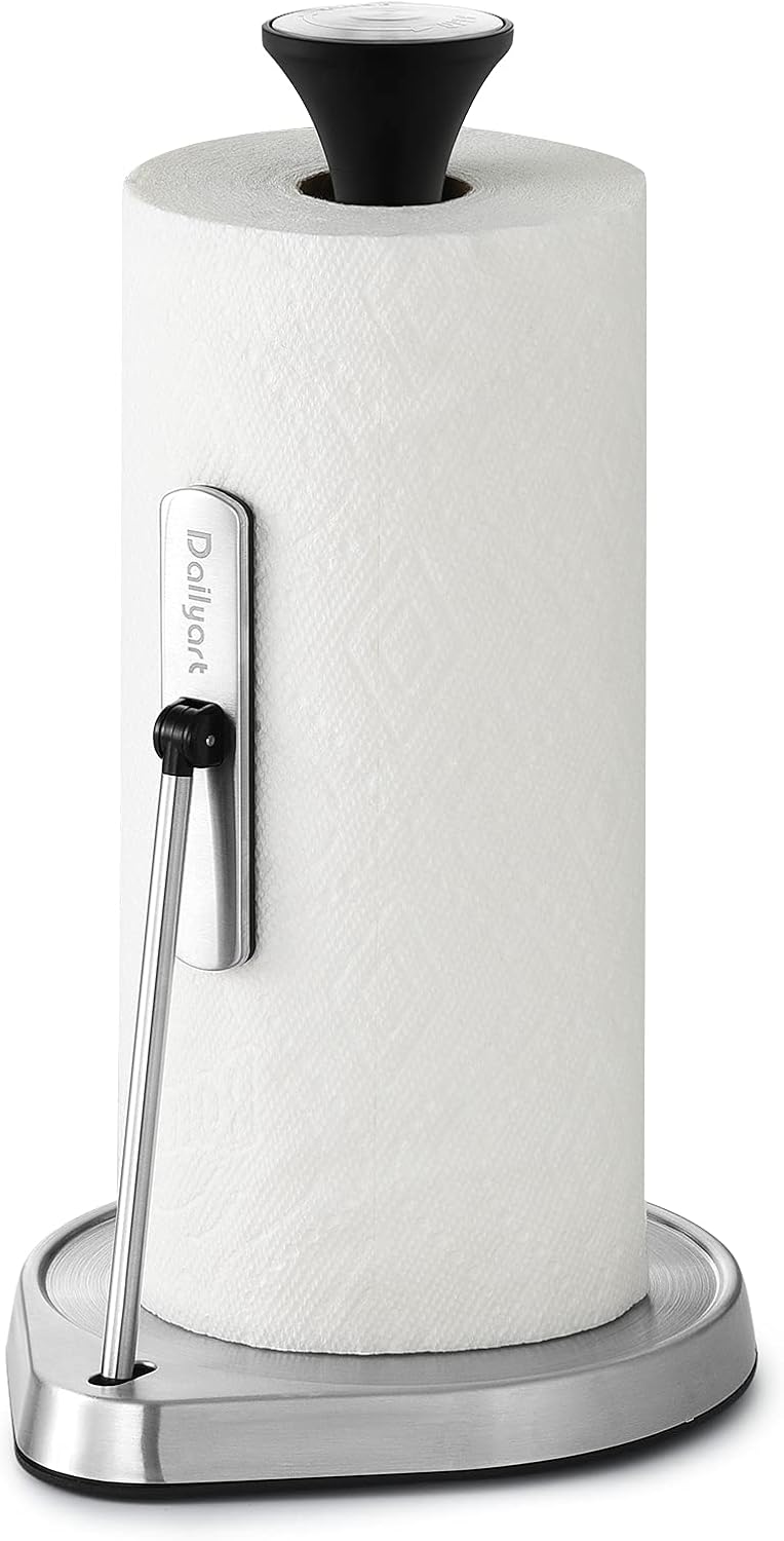 Paper Towel Holder Stand for One Hand Tear with Tension Arm