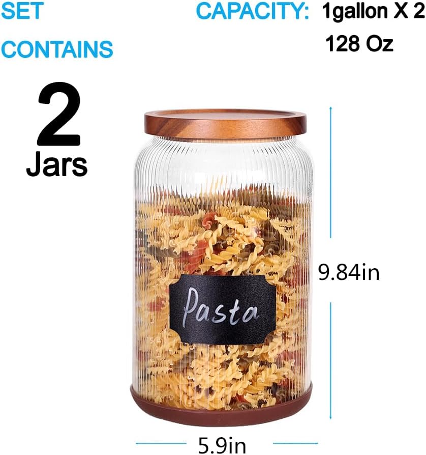 2-Pack Striped Borosilicate Glass Airtight Canisters - Big mouth Large Capacity, Acacia Wood Lid