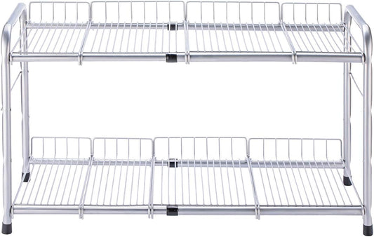 2 Tier Under Sink Organizers and Storage Rack Expandable Cabinet Shelf for Kitchen Bathroom Silver (17-25 inches)