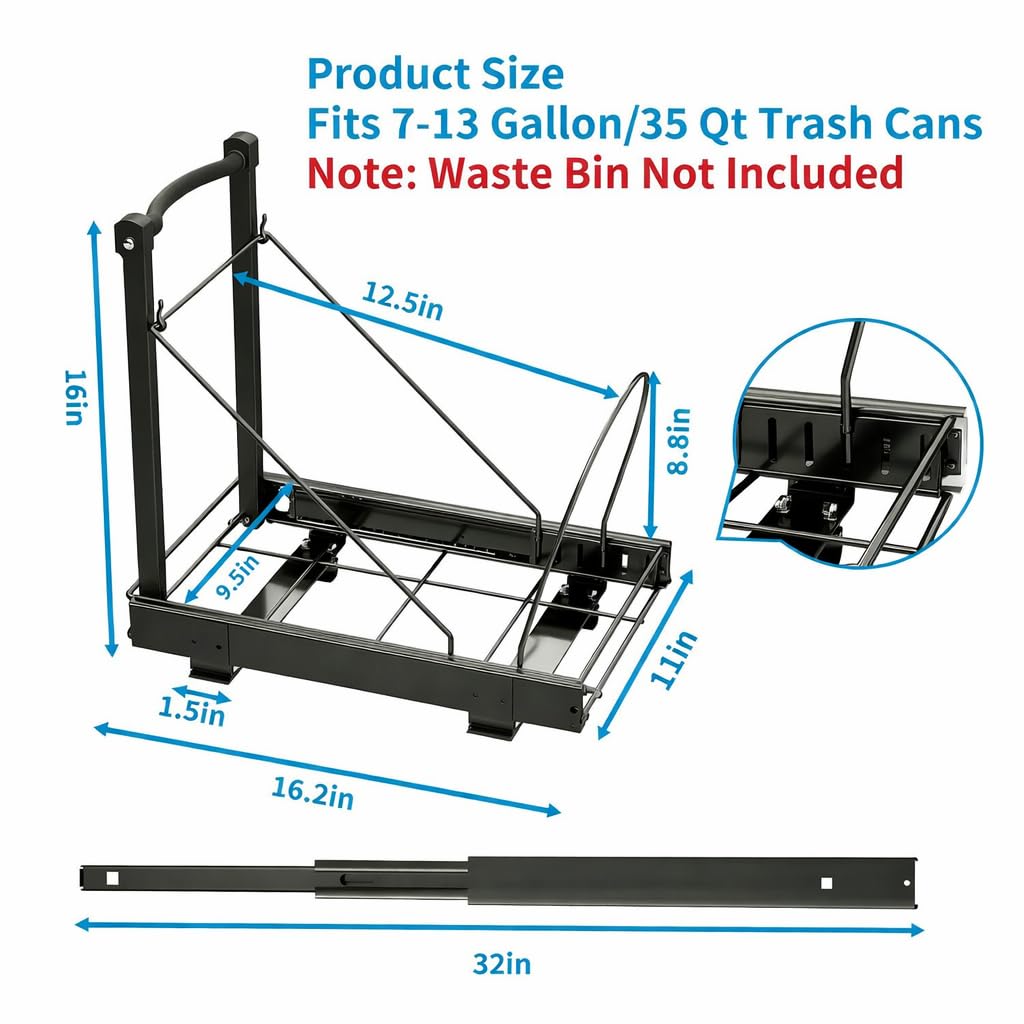 Adjustable Under Cabinet Trash Can Organizer with Soft Close Rail