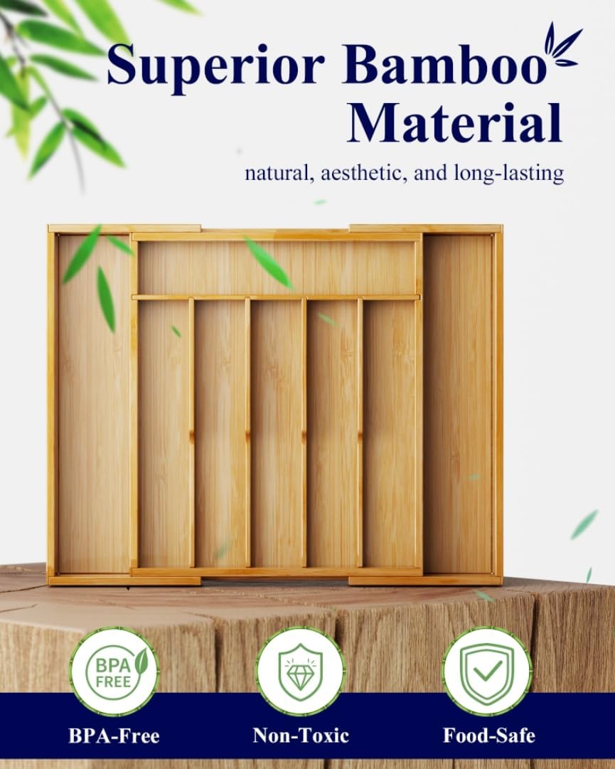 Silverware Organizer - Expandable Bamboo Kitchen Drawer Organizer for Cooking Utensils and Cutlery