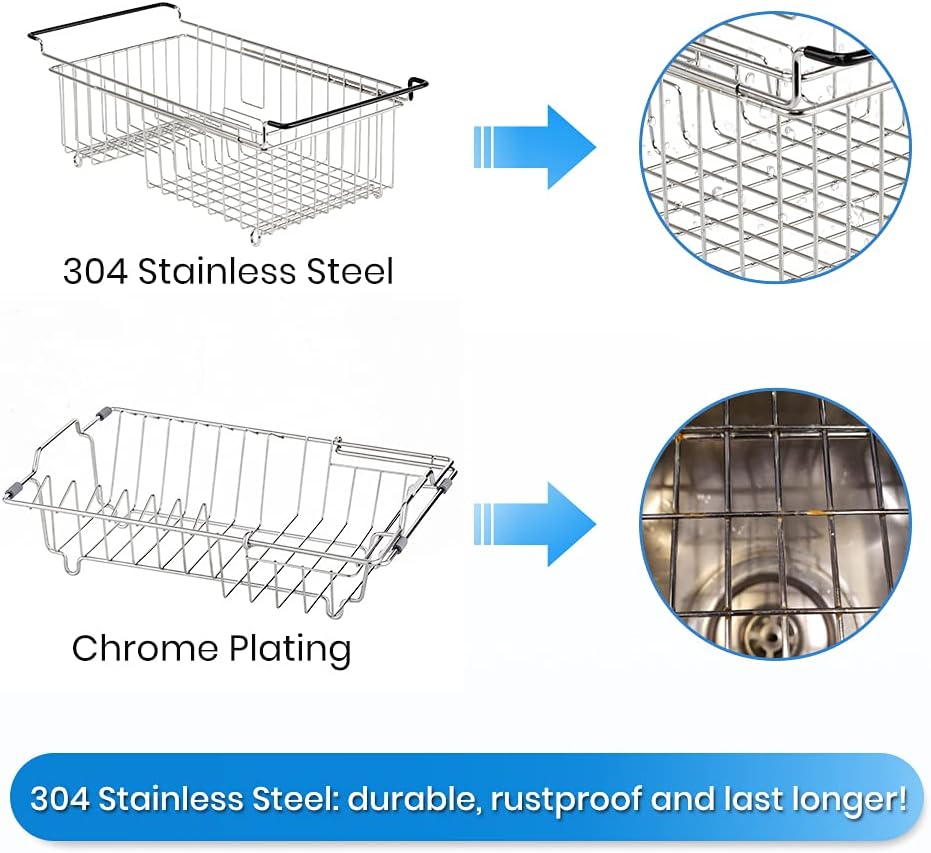 Expandable Dish Drying Rack Over the Sink Small Dish Drainer in Sink Adjustable Rustproof Sink Strainers for Kitchen-304 Stainless Steel