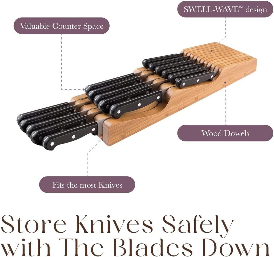 100% Pure Bamboo in Drawer Knife Block | 16 Knife Slots Knife Drawer Organizer | Store Knives Safely with The Blades Down | Storage Solution for Your Kitchen | Knife Organizer Drawer Insert