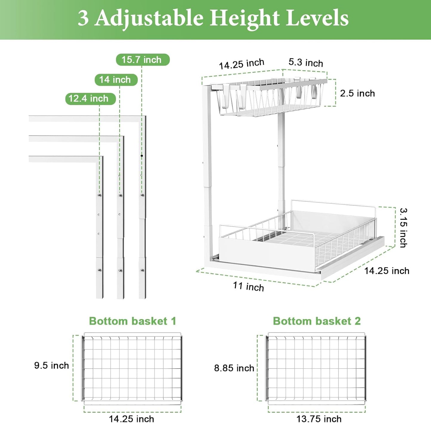 Under Sink Organizer, Height Adjustable Pull Out Cabinet Organizer