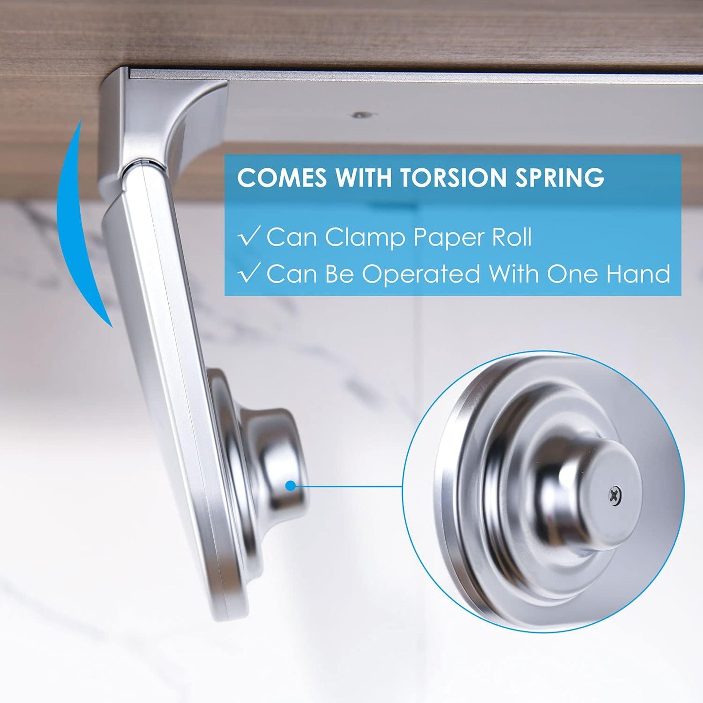 ONE Hand Tear Paper Towel Holder Under Cabinet Adhesive or Drilling Installation Aluminum Alloy + ABS (Pearl Chrome Silver)