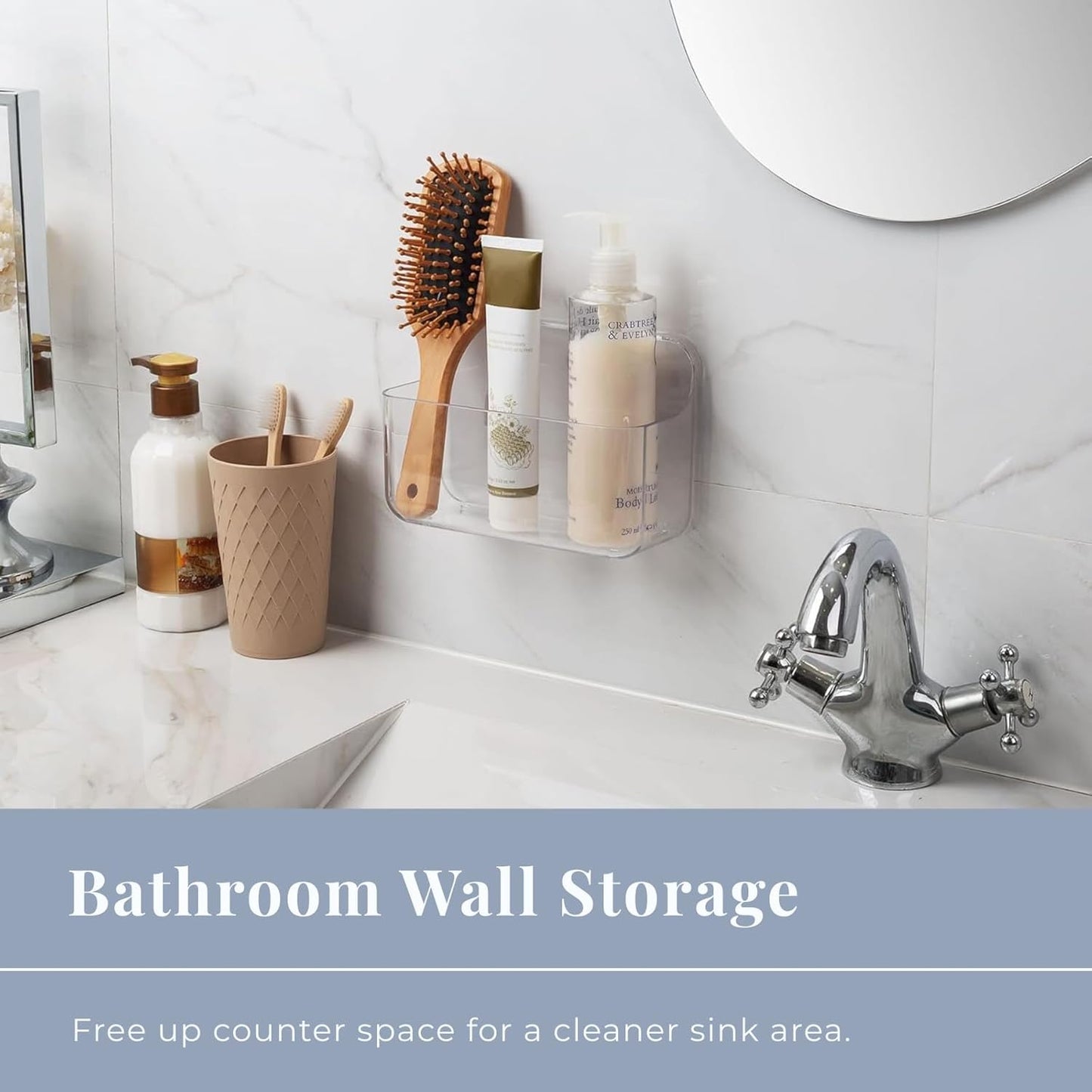 No-Drill Wall Organizer Bin – Clear Removable Adhesive Storage Box with Drain Holes, PET Plastic