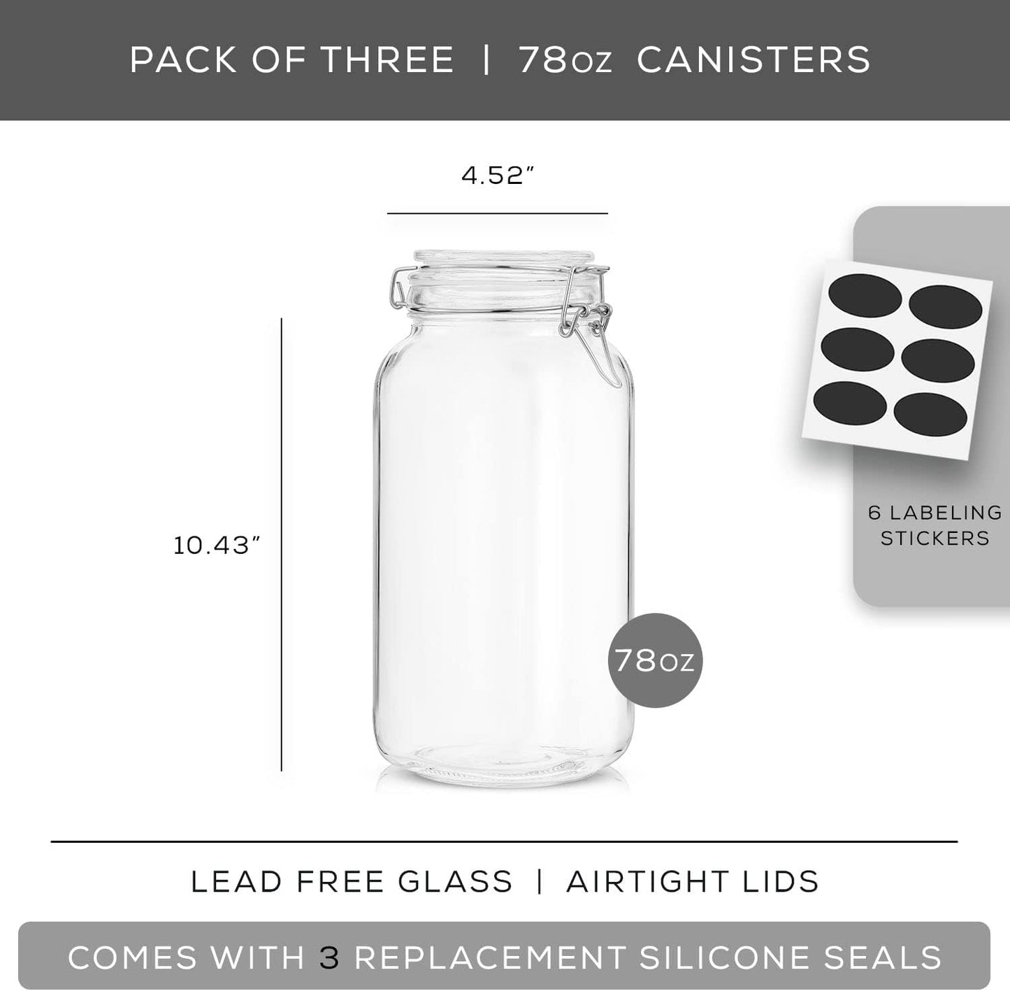 Airtight Glass Jars with Lids Set of 3. 78oz Glass Jar with Lid and 6 Silicone Seals! Large Glass Food Storage Containers. Square Mason Jar, Candy Jar, Flour Jar, Pasta Containers for Pantry
