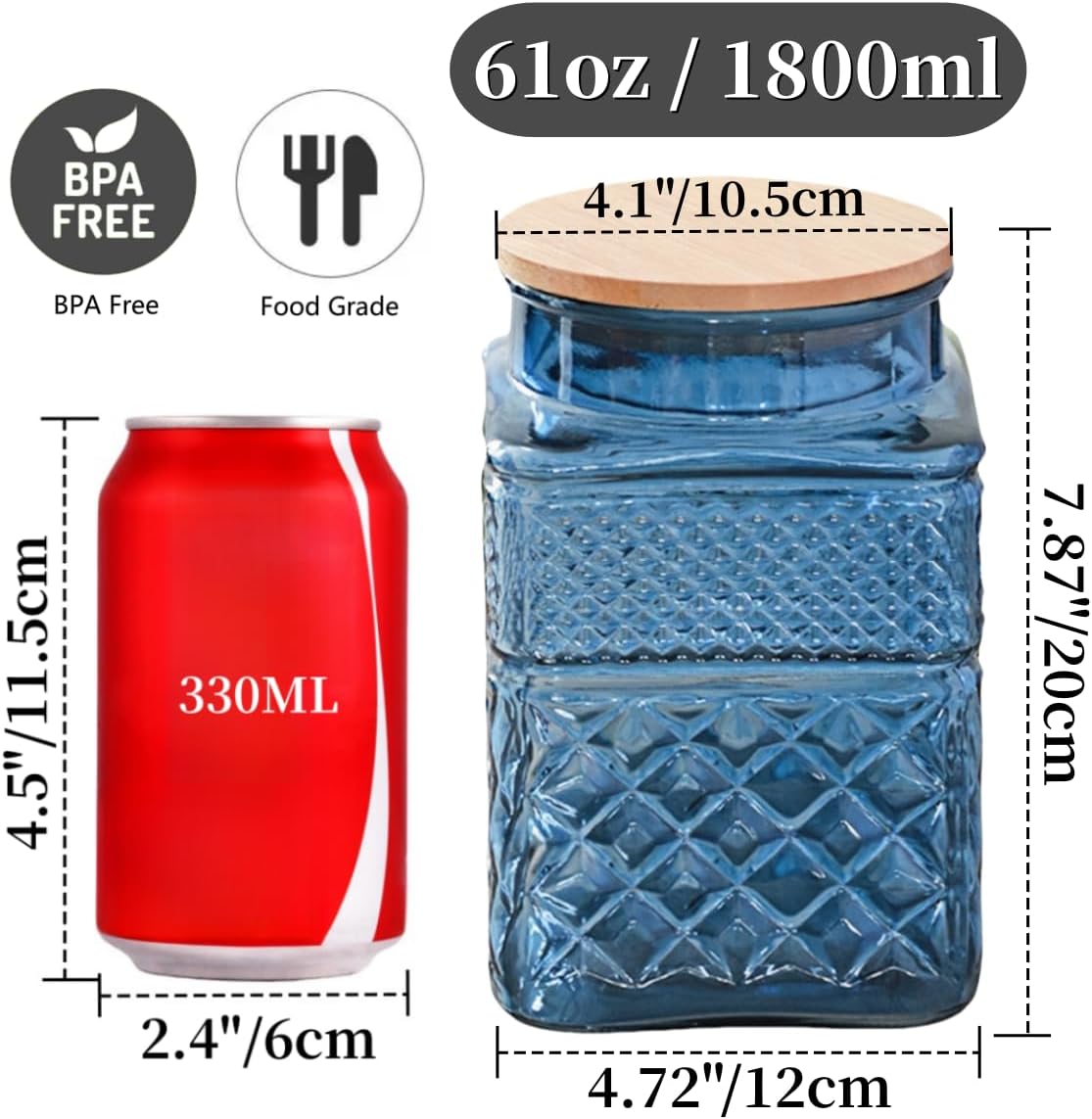 Square Glass Canister, 61oz Candy Jar with Lid, Glass Food Storage Containers for Ground Coffee