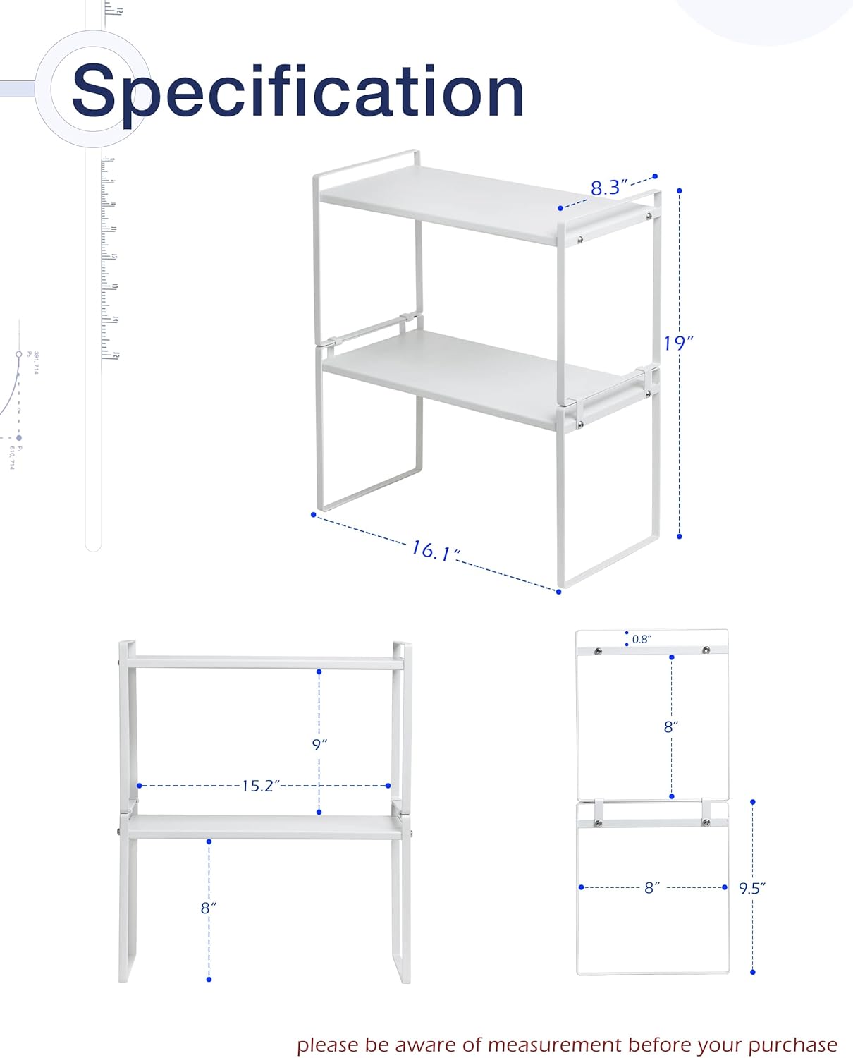 2Pack Cabinet Shelves Stackable Organizer Rack Riser for Kitchen Cabinet Pantry Cupboard Counter Countertop Home Organization Storage Space Saver Heavy Duty Metal Nonslip White Tall