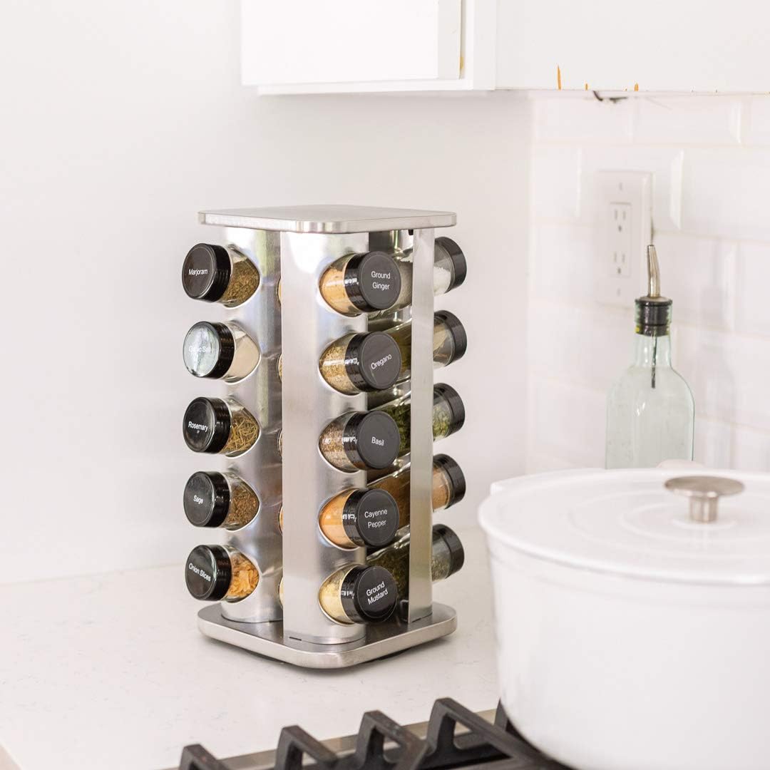 20 Jar Rotating Spice Rack with Spices Included & 5-Year Free Spice Refill Program – Stainless Steel Countertop Spice Rack with 3 oz Glass Jars