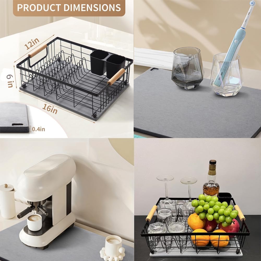 Dish Drying Rack with Stone Drying Mat, Dish Drainer and Diatomaceous Earth Dish Mat