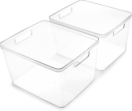 Plastic Bins, Large - 2 Pack | THE LUCID COLLECTION | Multi-Use| Built-In Handles | BPA-Free | Clear Storage Containers | Fridge Organizer | Pantry & Home Organization