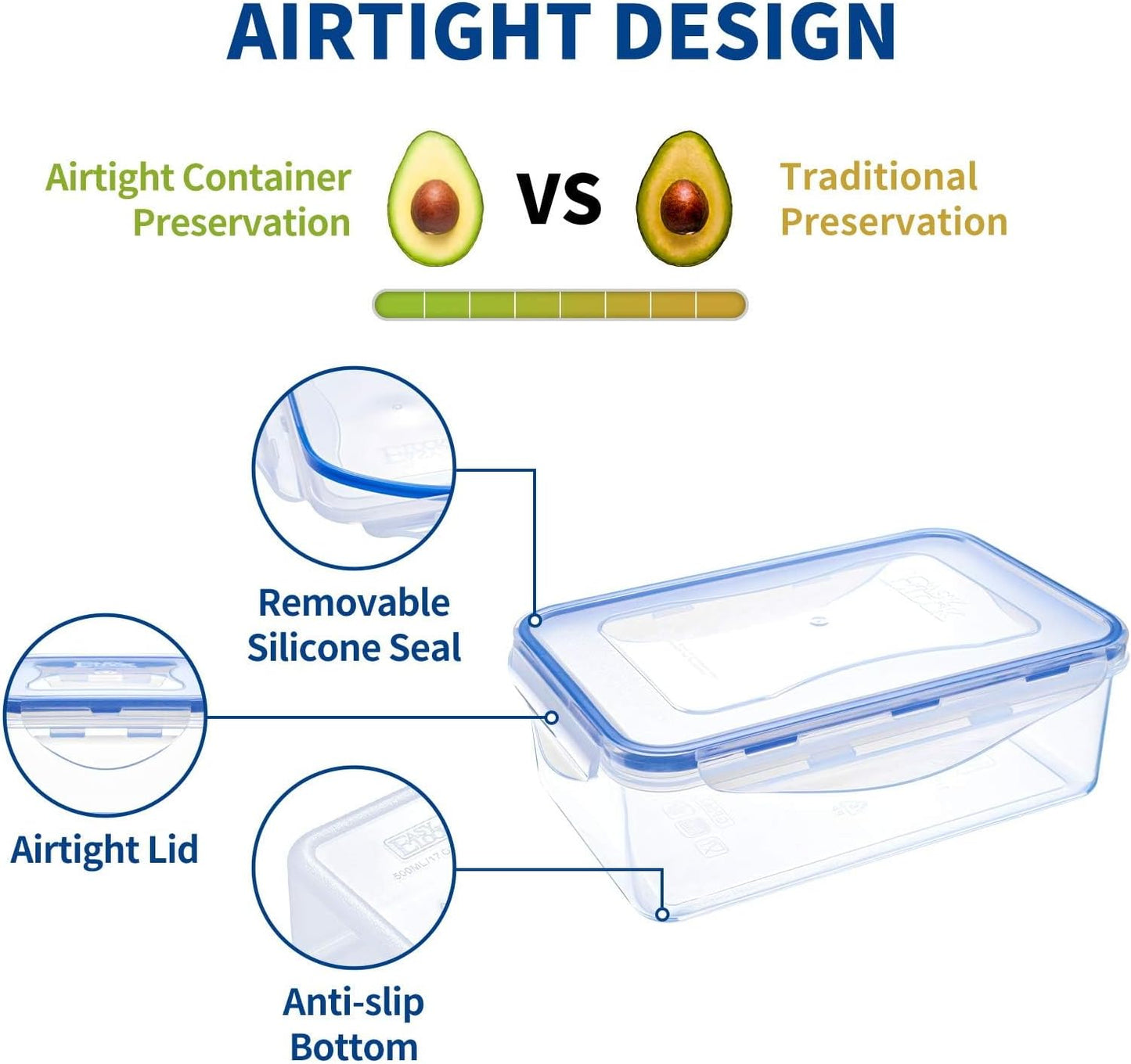Food Storage Containers, 4 Sided Locking Lids, Airtight, Leak-Proof & Stackable