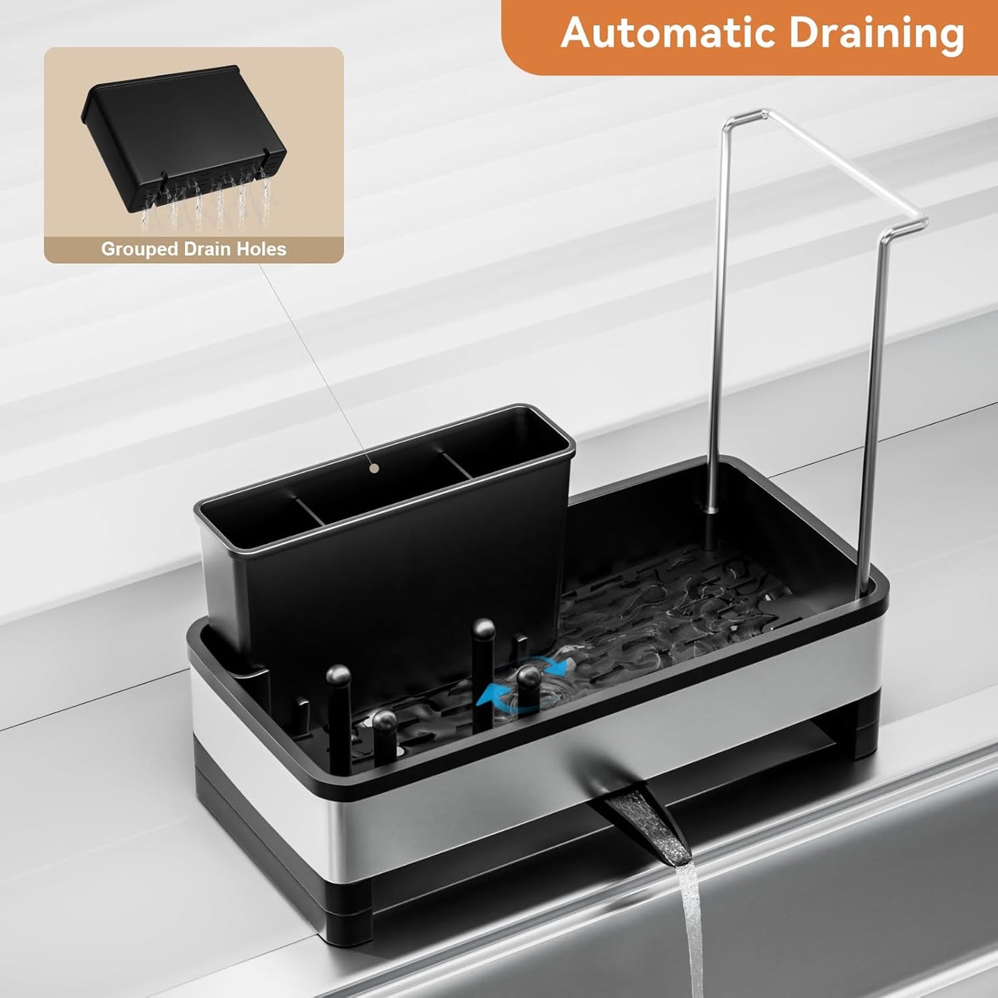 Sponge Holder for Kitchen Sink, Rustproof Stainless Steel Sink Caddy with Auto-Drain