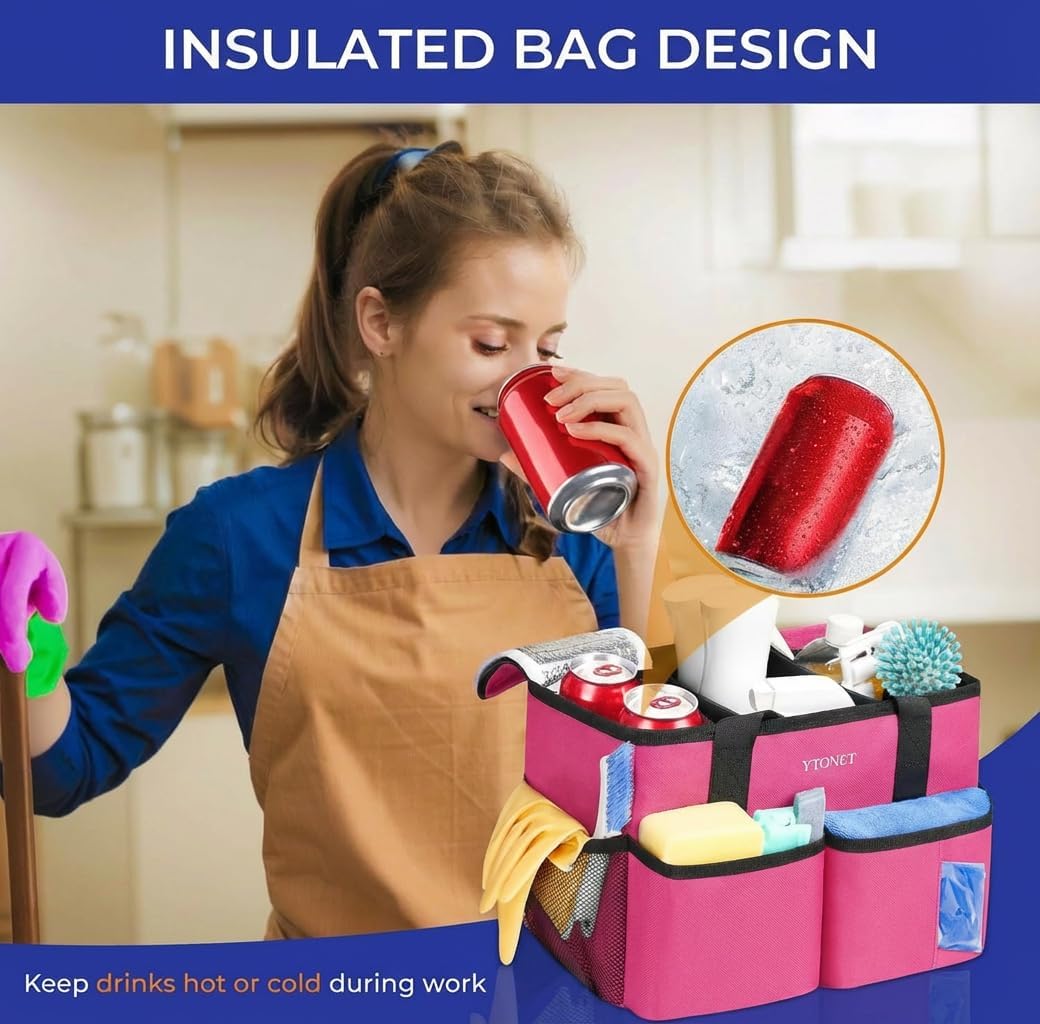 Cleaning Caddy, Water Resistant Cleaning Supplies Organizer with Handle & Foldable Divider for Cleaners, Housekeeping Tote for Kitchen & Bathroom, Car Tool Caddy Organizer Bag, Rosered