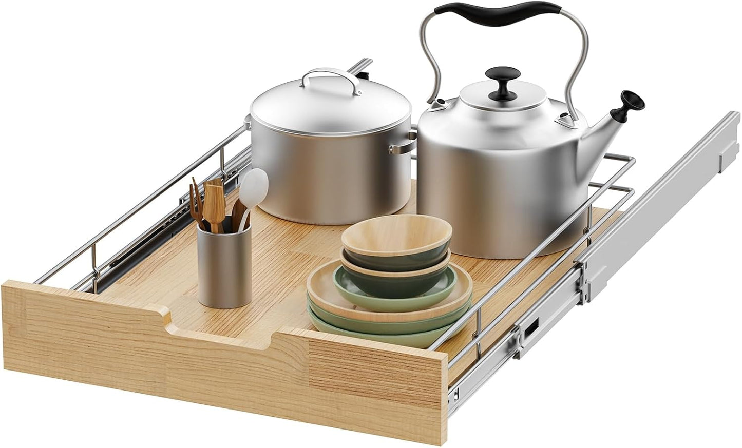 Pull Out Cabinet Organizer,Heavy-Duty Slide Out Shelf, Wood And Wire Basket