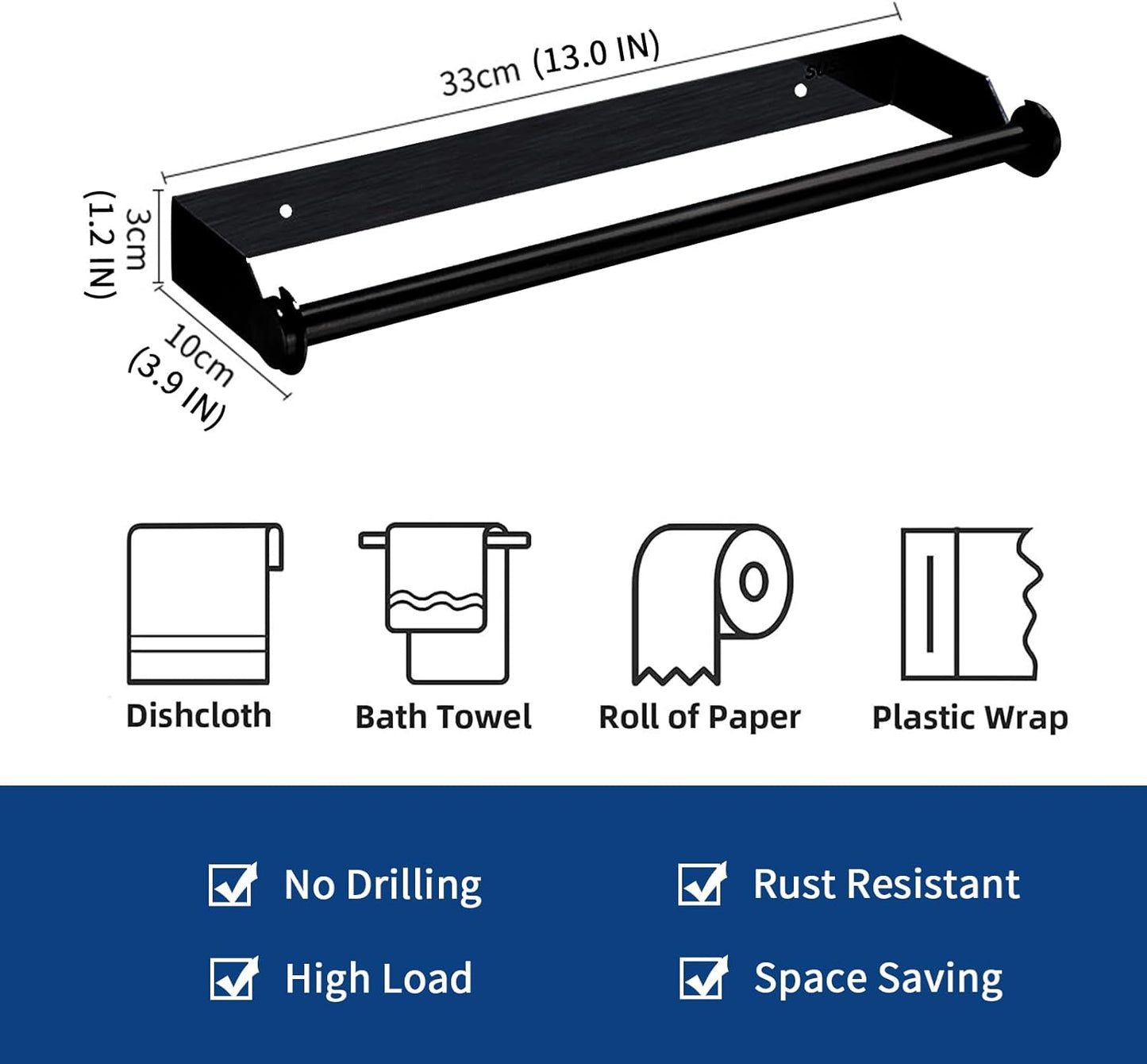 Stainless Steel Black Paper Towel Rack Wall Mount Self Adhesive or Screw Mounting Under Cabinet Toilet Paper Roll Holder for Home Kitchen Bathroom Camper Wall