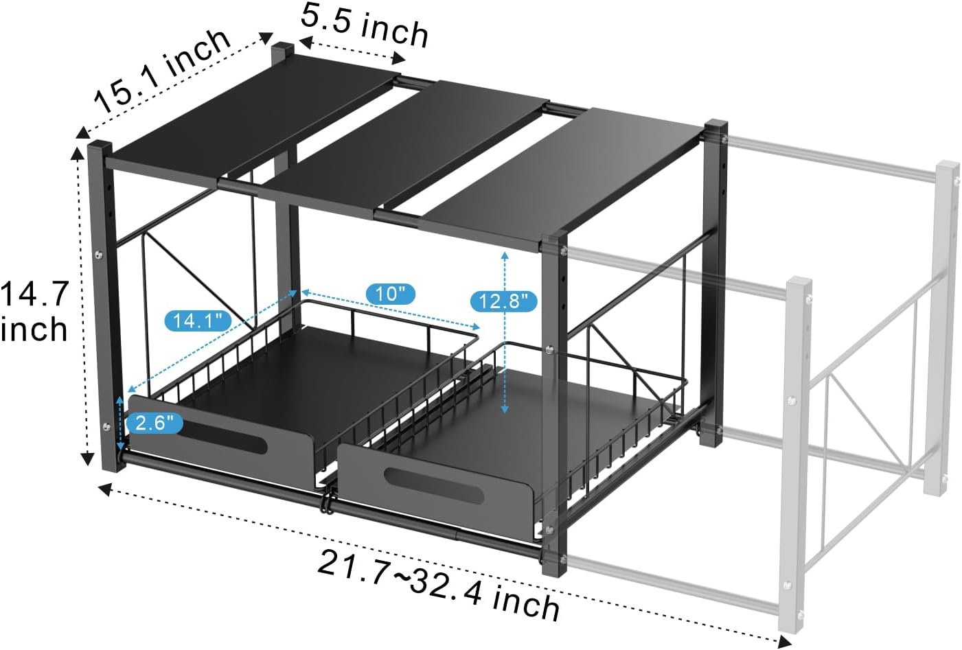 Extendable Under Sink Organizer - 2 Tier Expandable Under Cabinet Organizer Shelf with Height Adjustable Add Extra Space and Easy Access for 22" to 32" Wide Sink Cabinet, Black