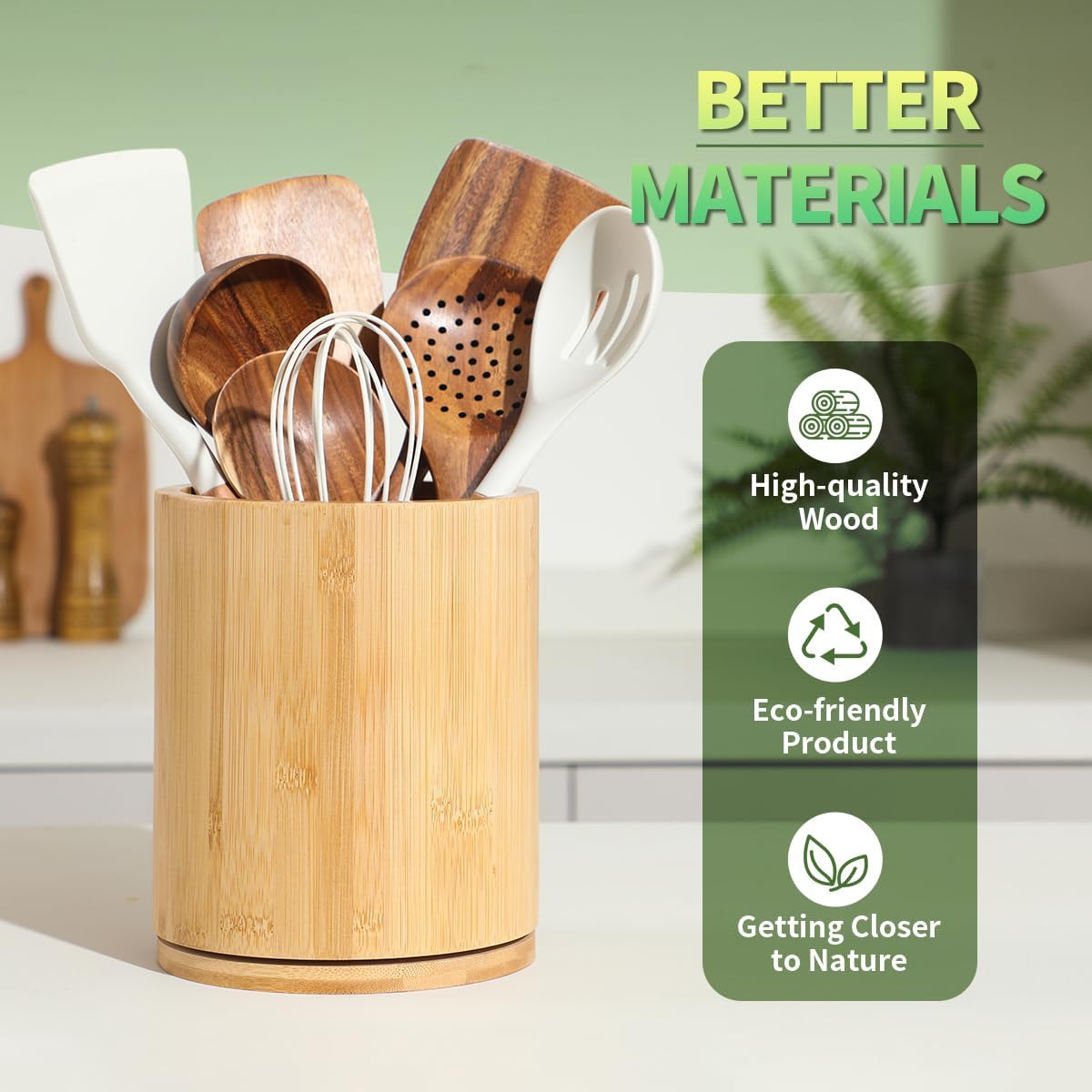 Wooden Utensil Holder, 360°Rotating 7.3'' Large Utensil Holder for Kitchen Counter