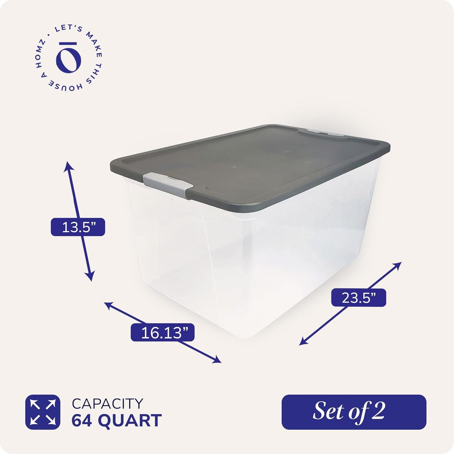2-Pack Secure Latch, Clear Plastic Storage Organizer Bins, 64 Quart