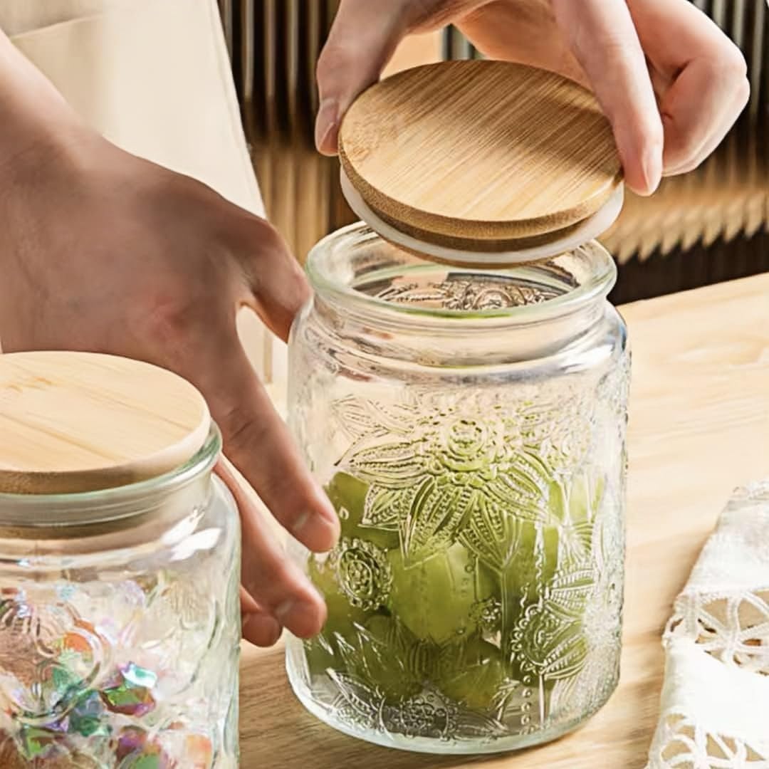Vintage Glass Jar with Lid, 23.7oz Airtight Glass Food Storage Container for Kitchen Counter