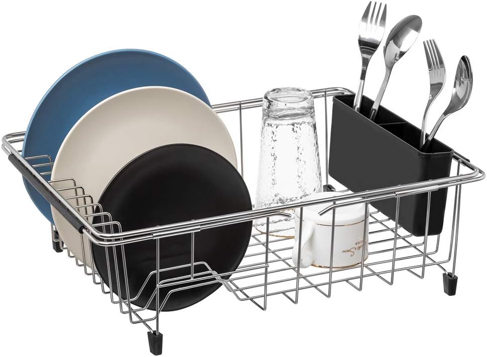Dish Drying Rack, Large Dish Rack Adjustable Deep Dish Drainer with Removable Silverware Holder