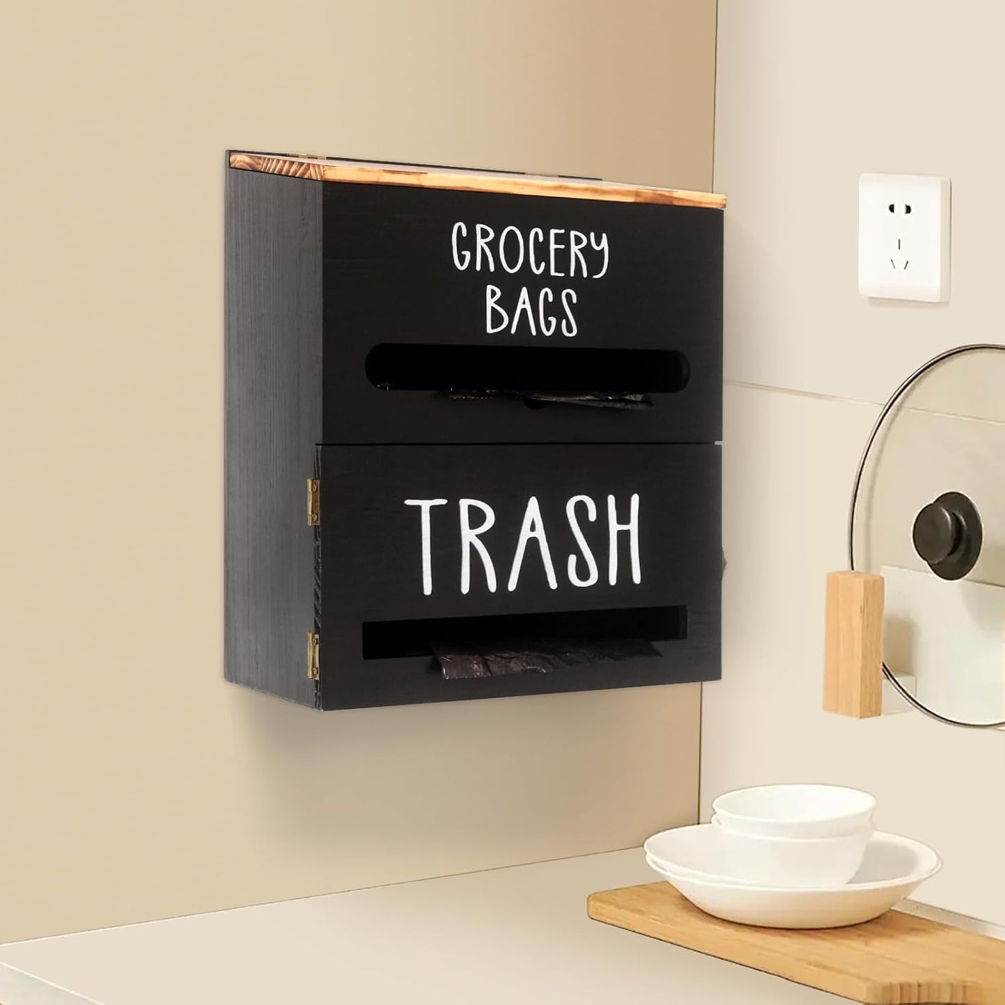 2 in 1 Trash Bag Dispenser, Double Wall Mounted,Wood Trash Bag Holder, used in kitchen, garage