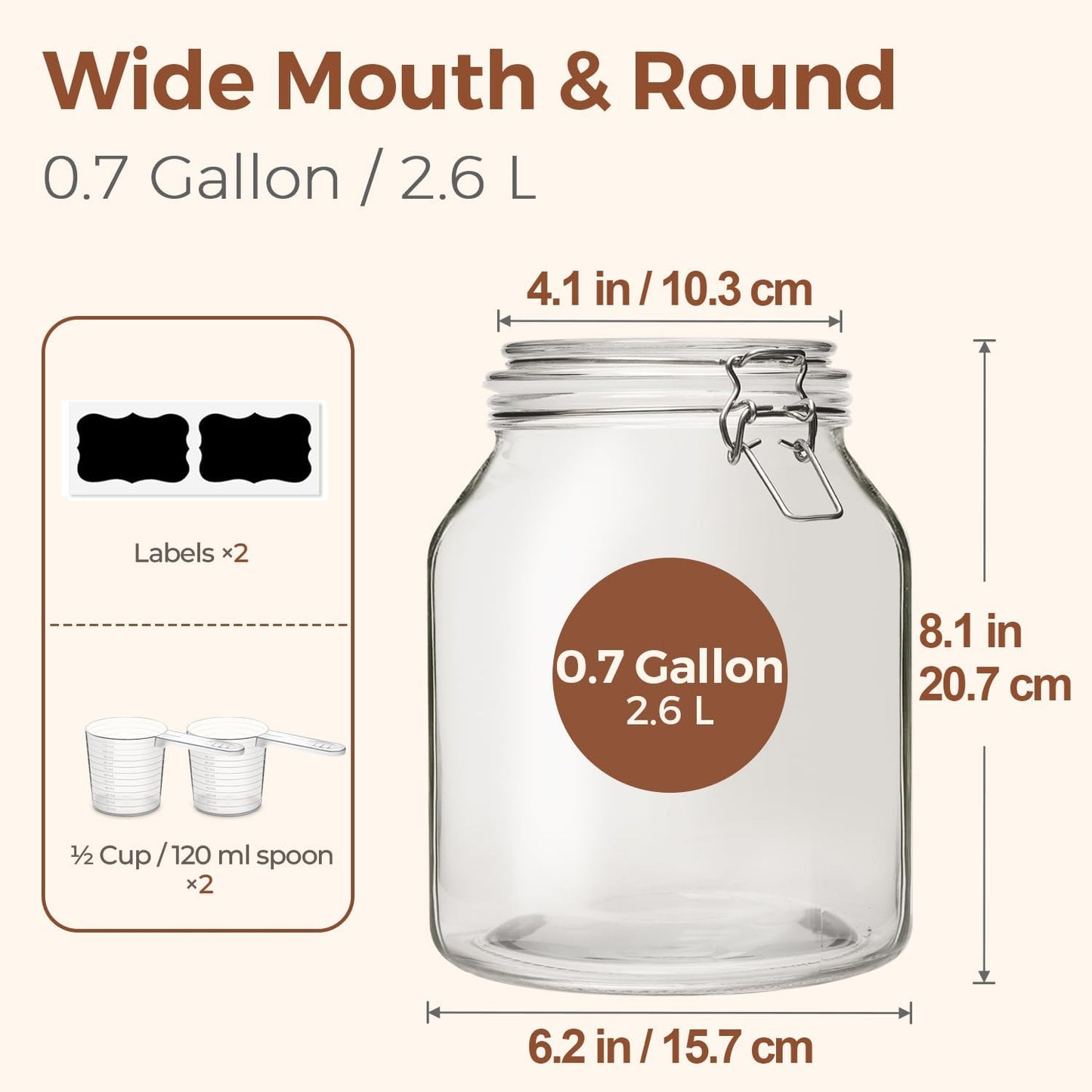 2 Pack 0.7 Gallon (88 Oz) Large Glass Jars with Airtight Lids