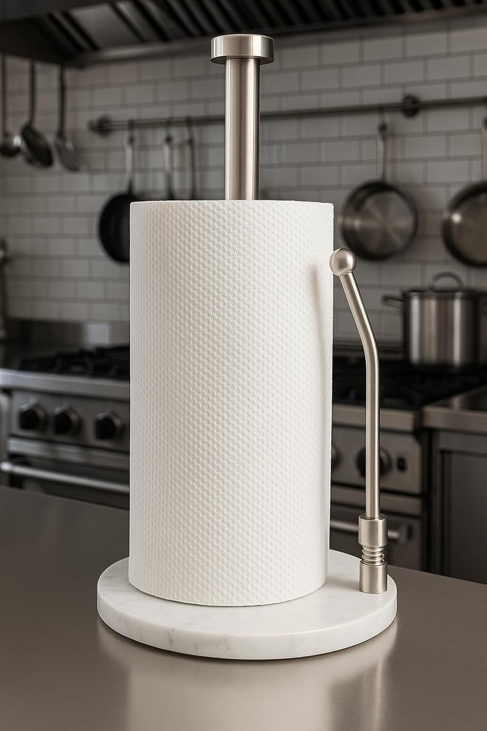 Paper Towel Holder with Marble Base – Weighted Countertop Stand, One-Hand Tear