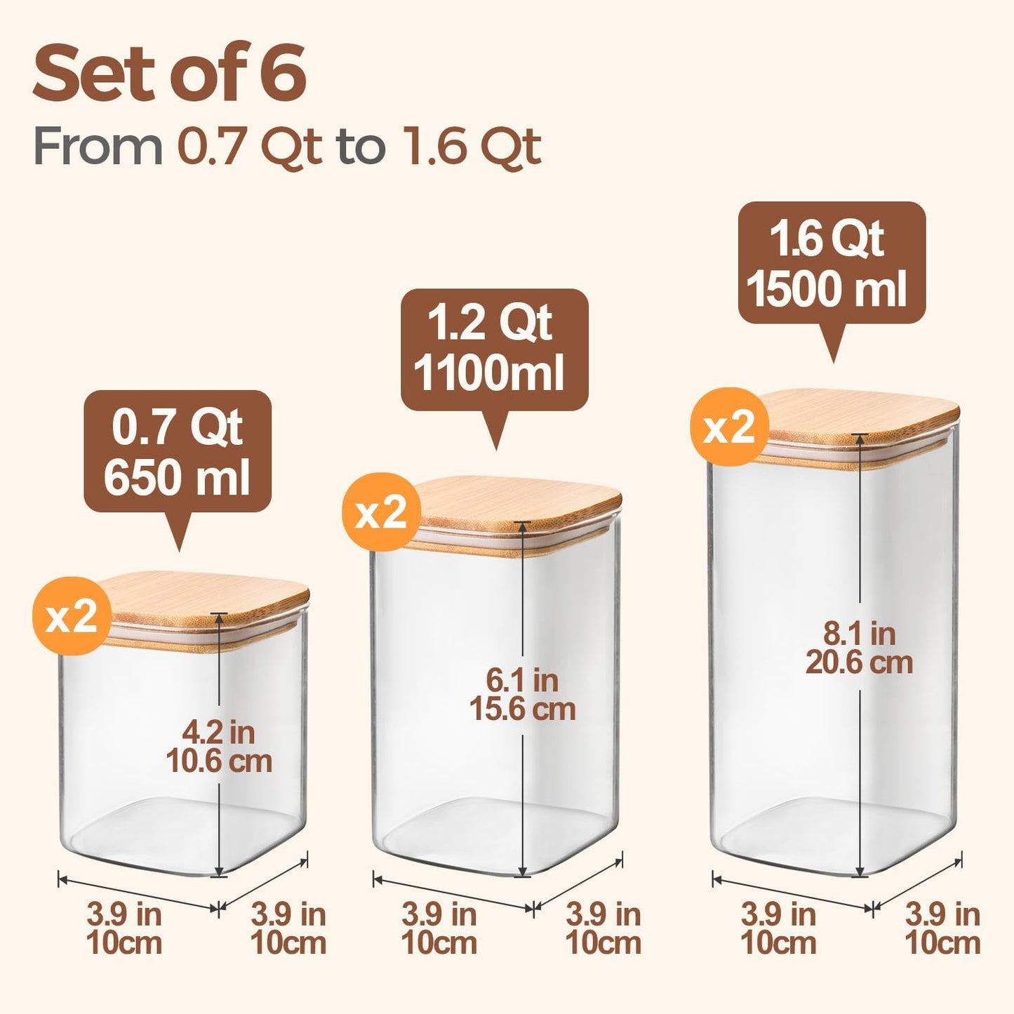 Airtight Glass Storage Canister with Lids (0.7Qt/1.2Qt/1.6Qt) Set of 6
