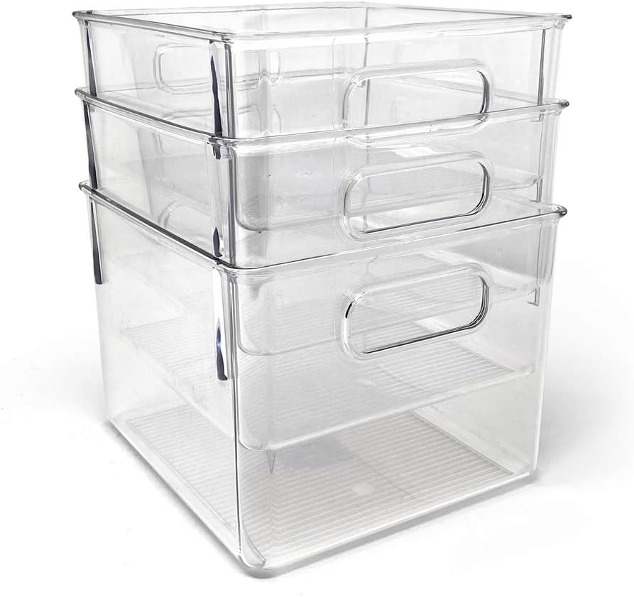 3-Pack Medium Clear Storage Bins with Handles, Plastic Organizer for Home or Fridge/Freezer