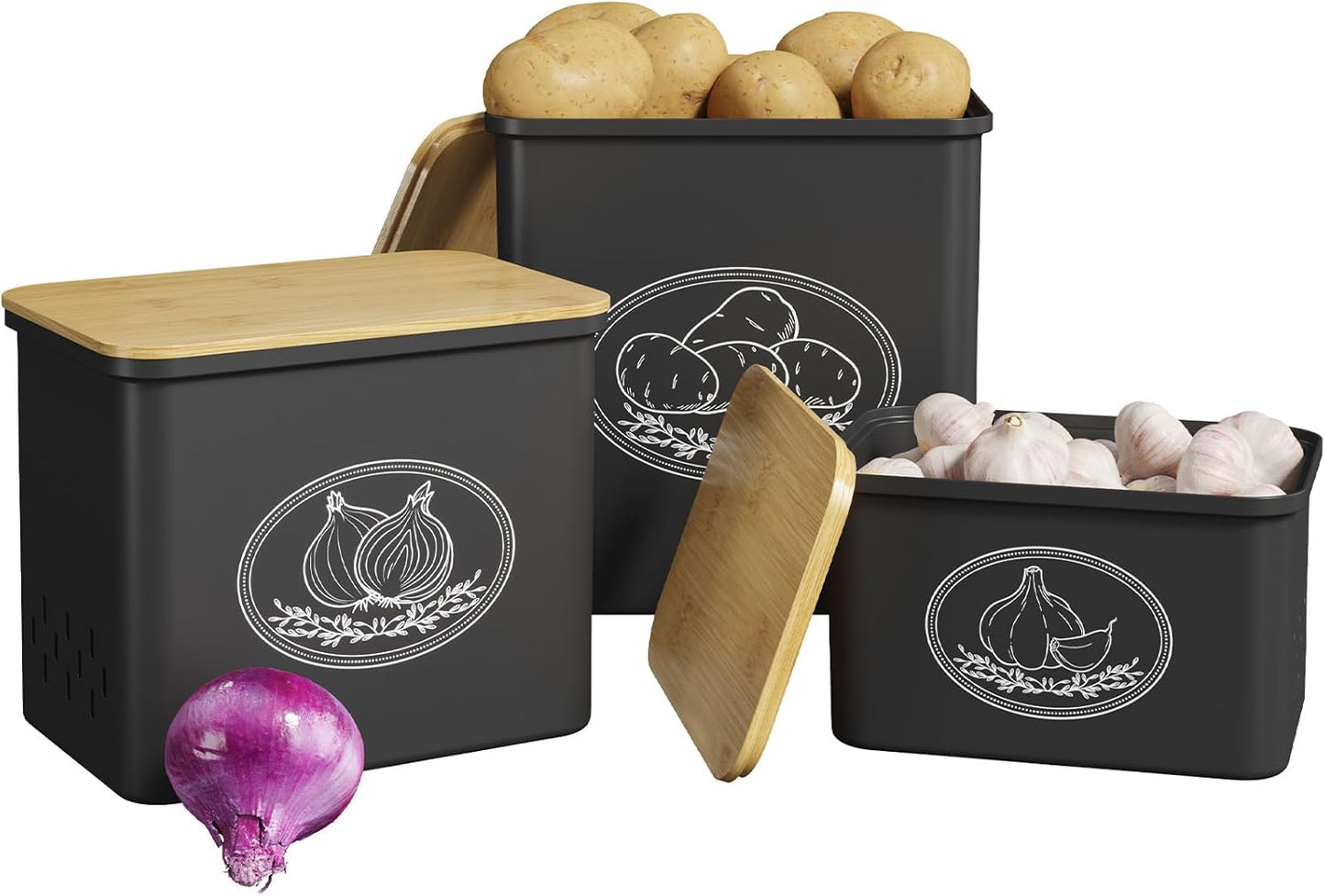 Potato and Onion Storage Bin, Stackable Garlic Keeper with Aerating Holes and Lid