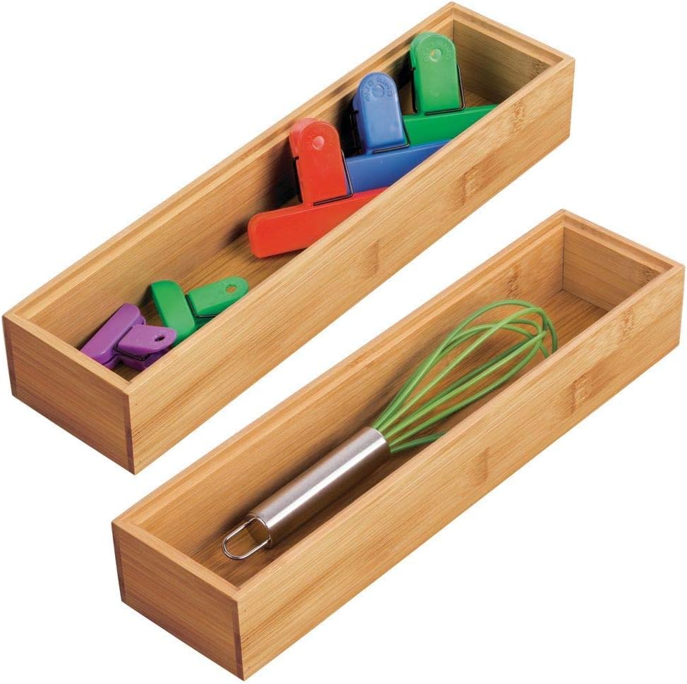 Slim Wooden Bamboo Drawer Organizer - 12" Long Stackable Storage Box Tray for Kitchen Drawers/Cabinet - Utensil, Silverware, Spatula, Flatware Holder - Echo Collection, 2 Pack, Natural Wood
