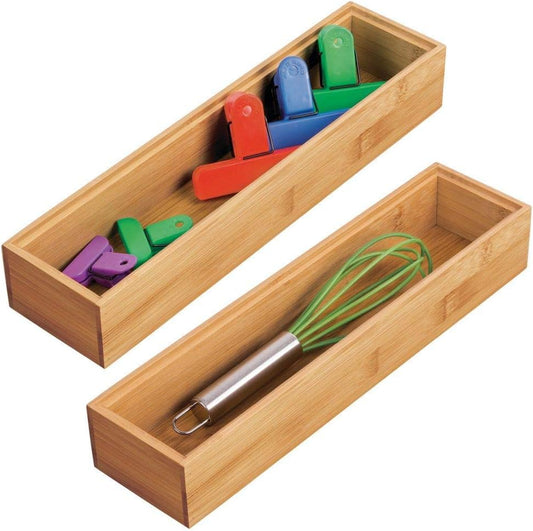 Slim Wooden Bamboo Drawer Organizer - 12" Long Stackable Storage Box Tray for Kitchen Drawers/Cabinet - Utensil, Silverware, Spatula, Flatware Holder - Echo Collection, 2 Pack, Natural Wood
