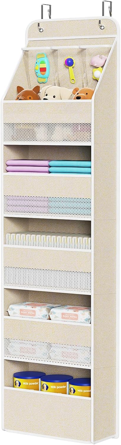 6-Shelf Over Door Hanging Organizer Fabric Baby Door Storage with 5 Extra Large Capacity Pockets Behind the Door Hanging Storage Organizers Easy Install Door Storage for Baby Essential (Beige)