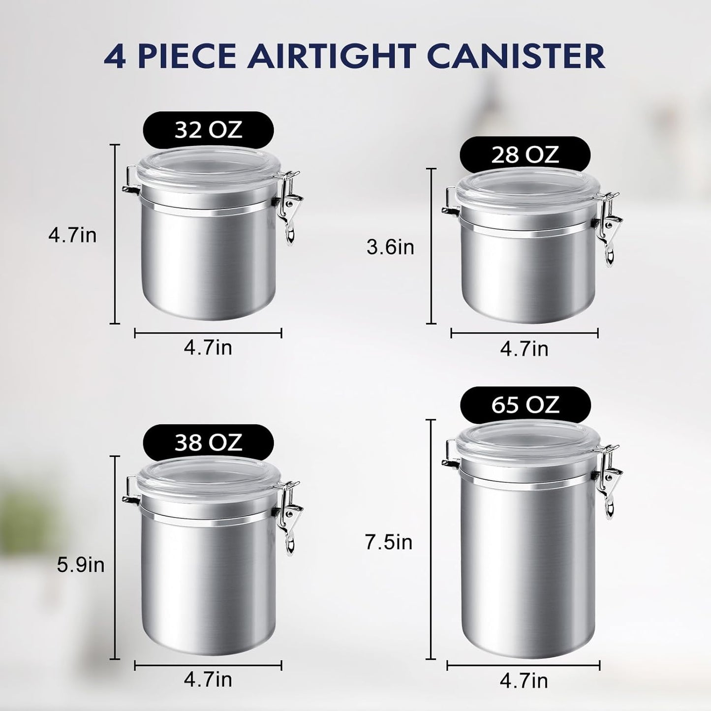 4-Piece Stainless Steel Airtight Food Storage Canister Set with Clear Lid