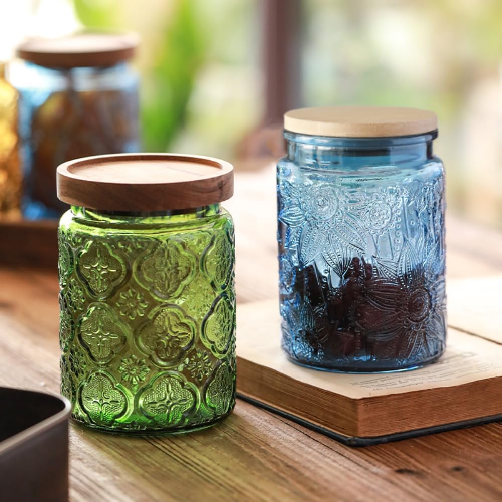 Blue Glass Jar, 23.7 FL OZ Vintage Glass Canister with Airtight Lid