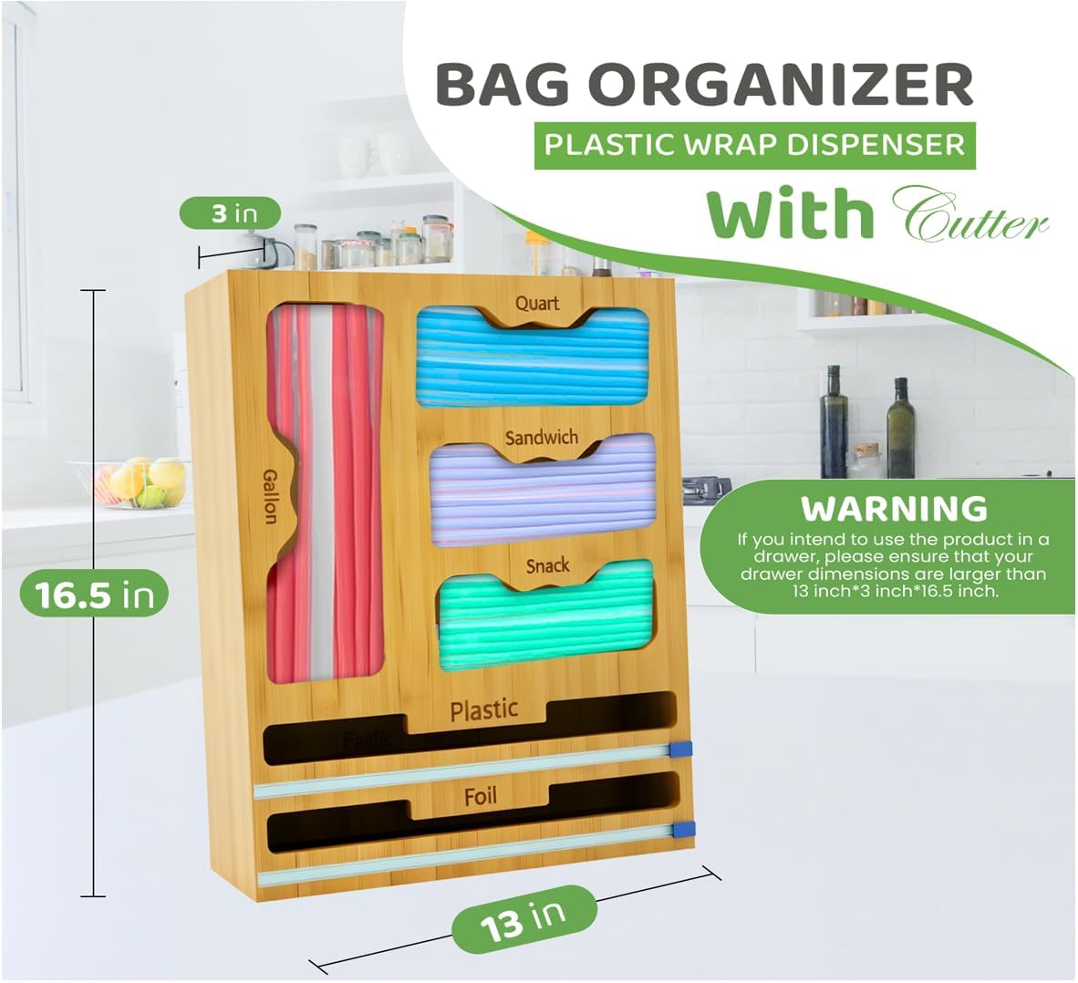 Storage Bag organizer, 6 in 1 Foil and Plastic Wrap Dispenser with Cutter
