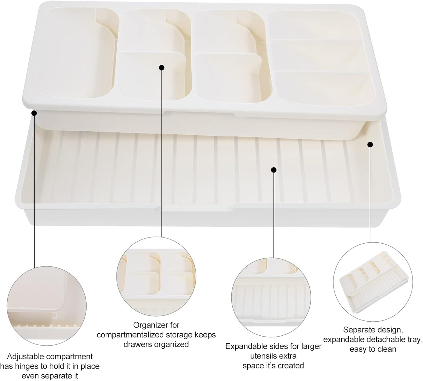 Kitchen Drawer Organizer Tray,Expandable Cutlery Silverware Organizer Storage Tray for Kitchen Drawer Flatware Spoons Forks,Creamy White