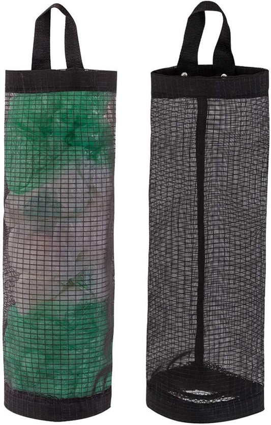 Bag Holder for Plastic Bags, 2 Pcs Polyester Grocery Bag Holder Plastic Dispenser Foldable Breathable Washable Hanging Mesh Garbage Bag Organizer for Kitchen Plastic Bag Storage (Black)